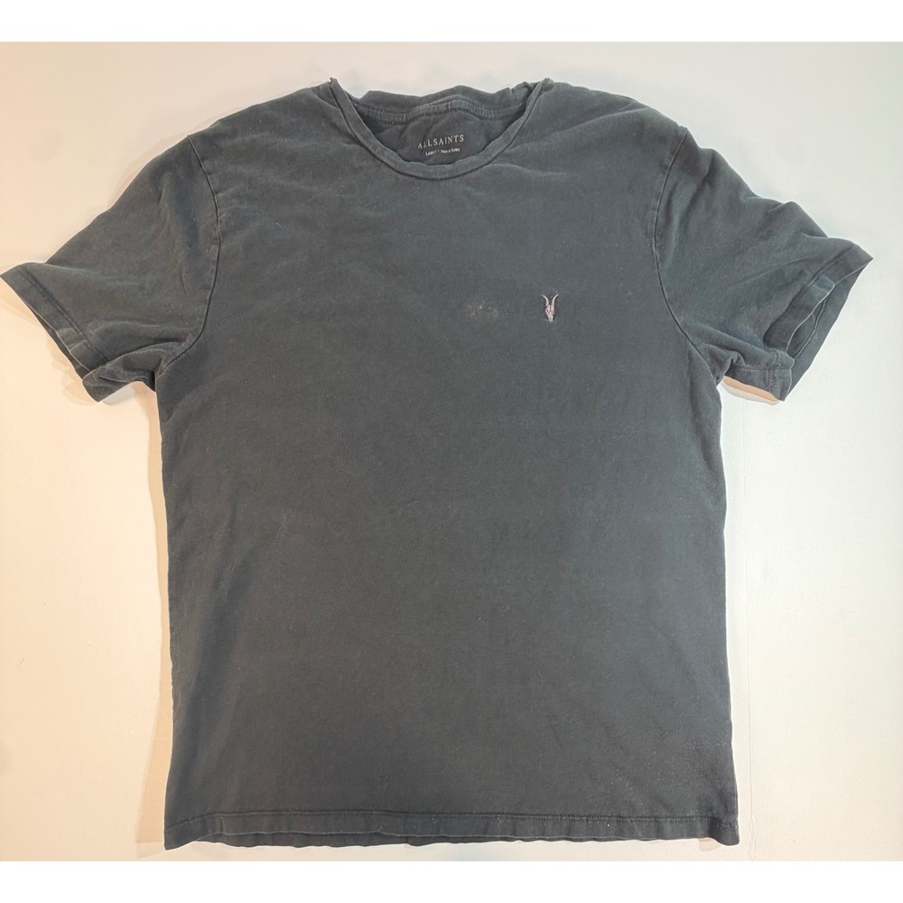AllSaints Tonic Crew Neck T-Shirt Charcoal Black Ram Skull Logo Mens Large